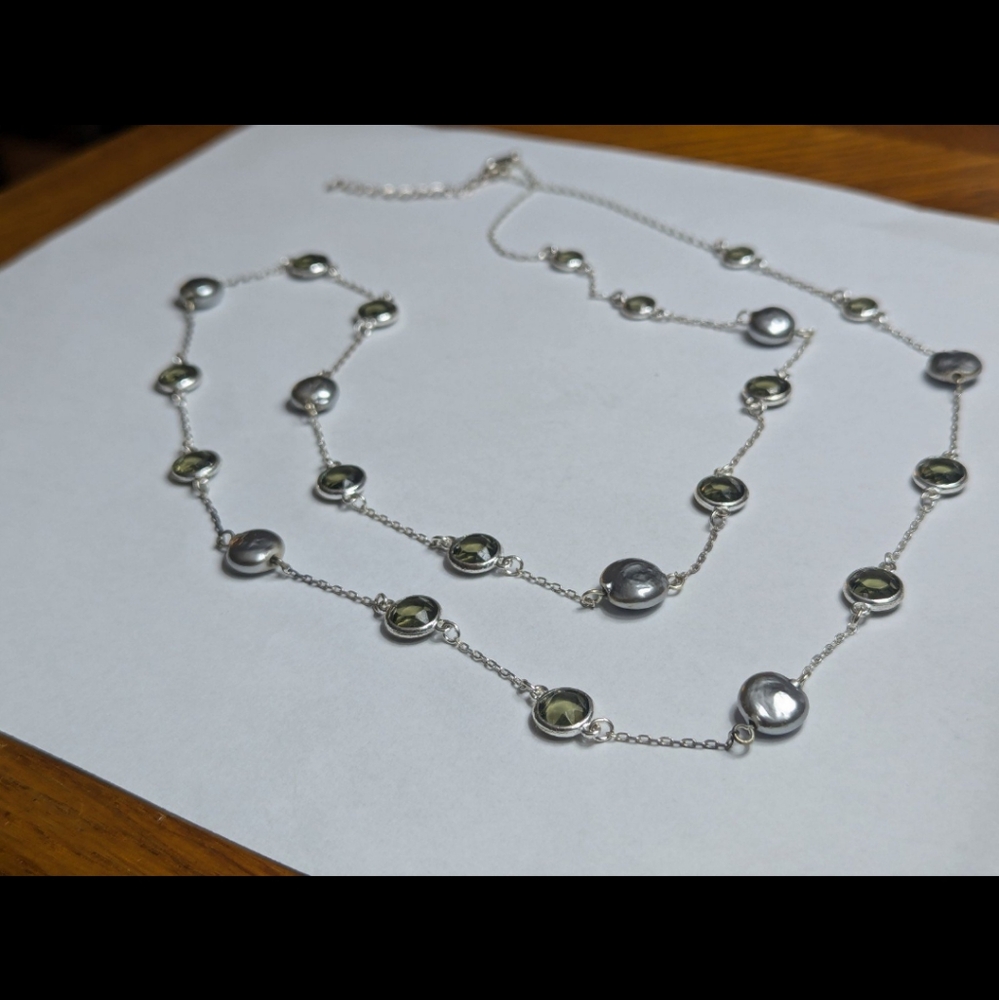 Sage Green Crystal Silver Long Necklace